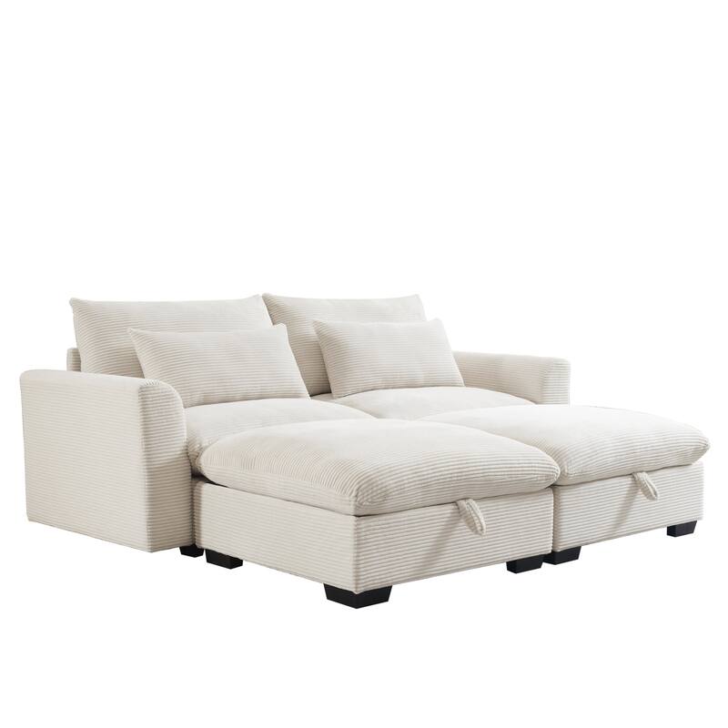 Corduroy Loveseat Sofa Couch with Storage Ottomans, Modern Sectional 2 Seater Sofa with Deep Seat, Pillows for Small Spaces