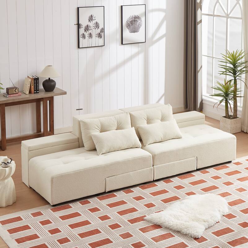Modular Corduroy Sleeper Sofa & Sectional Set,Beige, 3-in-1 Design