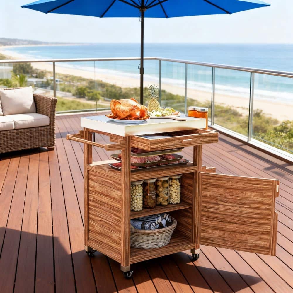 GDFStudio Outdoor Lysandros Fir-Wood Grill Cart with Stainless Steel Top and Organized Storage