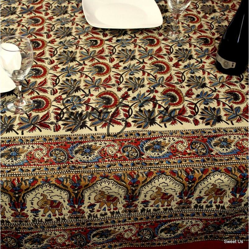 Block Print Floral Paisley Elephant Tablecloth Rectangle