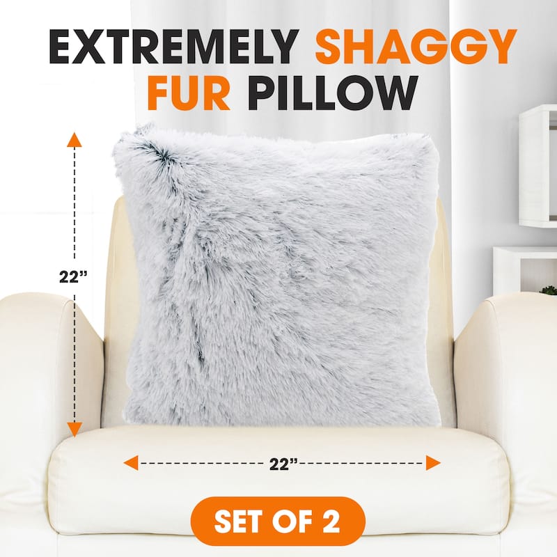 Cheer Collection Super Soft Shaggy Long Hair Throw Pillows Set of 2 Plush Accent Cushions