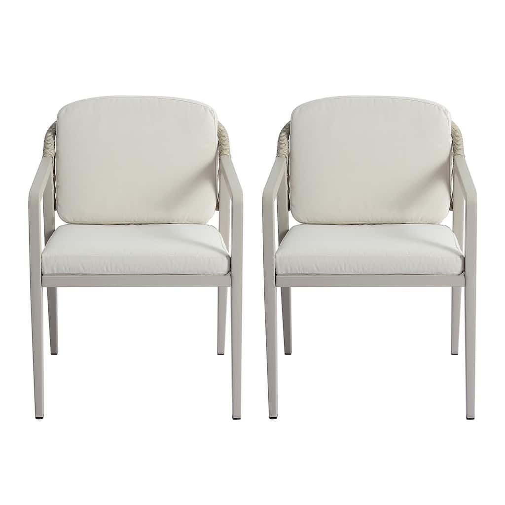 Beige Grey Outdoor Rattan Dining Chairs Set of 2 with Iron Frame, Side Chair Reception Chair Leisure Chair