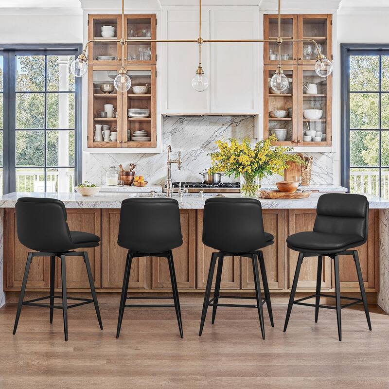 Upholstered Faux Leather Bar Stools with Back and Metal Legs Set of 2/3/4, 26" H Seat Height, 360° Swivel Bar Stools Brown - Black - Set of 4