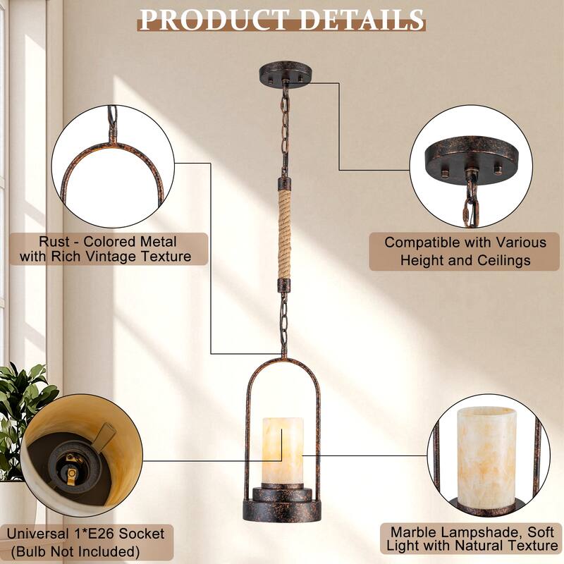 Retro Industrial Iron Pendant with Alabaster Candle Shade