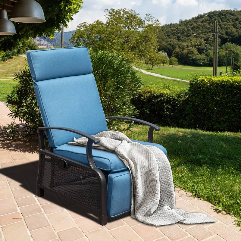 Adjustable Patio Metal Outdoor Lounge Chair with Flip Table Push Back