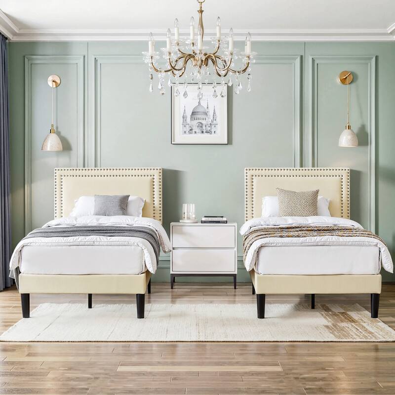 VECELO Beige Twin Size Platform Bed with Adjustable Headboard Teenager room Double Rivet Design 1/2/3 Piece Set Bed Frame - Set of 2