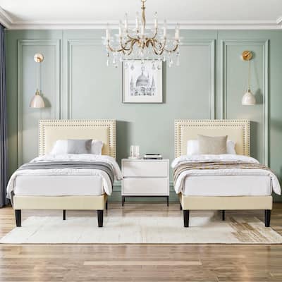 Beige Twin Bed Nailhead Upholstered Platform Bed Frame with Adjustable Headboard