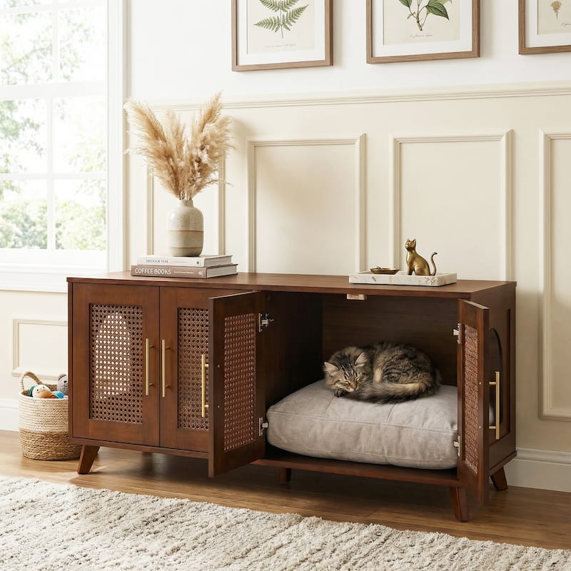 Christopher Knight Home - 47"W Rubber Wood Cat Cabinet with Rattan Doors & Cushion