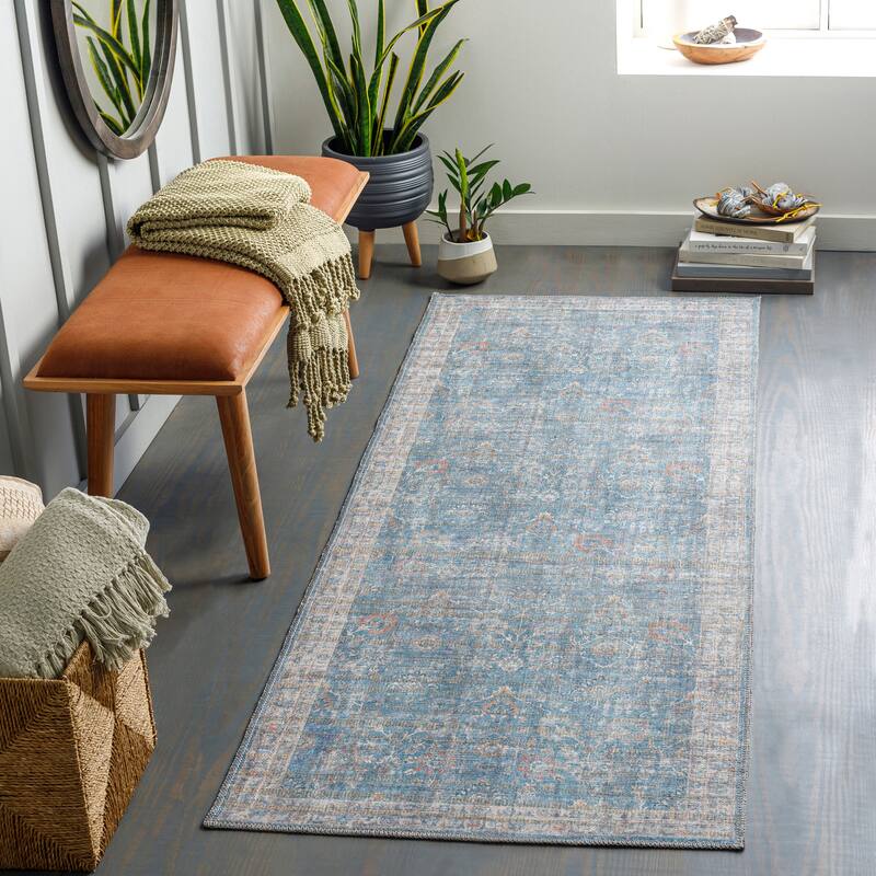 Livabliss Salima Traditional Vintage Machine Washable Area Rug - 2' 7" x 12' - Light Blue