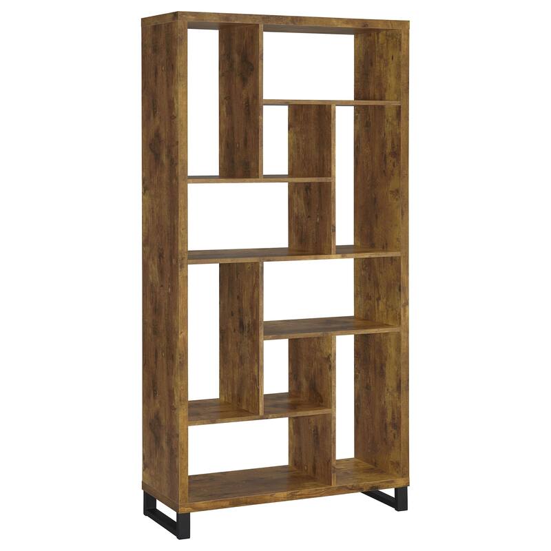 1pc Industrial Style Bookcase Ten Shelves Bookshelf Rustic Antique Nutmeg Black Metal Base Home Office