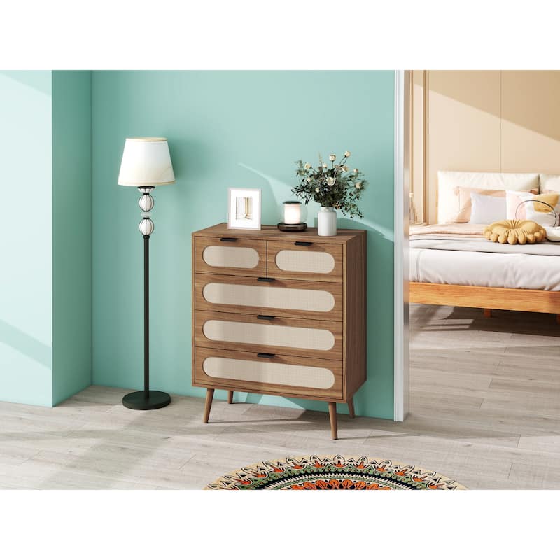 Roomfitters Mid Century 5 Drawer Storage Cabinet, Accent Chest with Rattan Fronts for Bedroom, Walnut