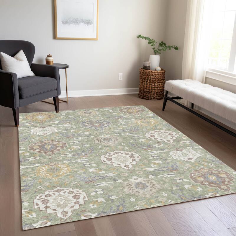 Machine Washable Indoor/ Outdoor Traditional Kashan Chantille Rug - Aloe - 10' x 14'