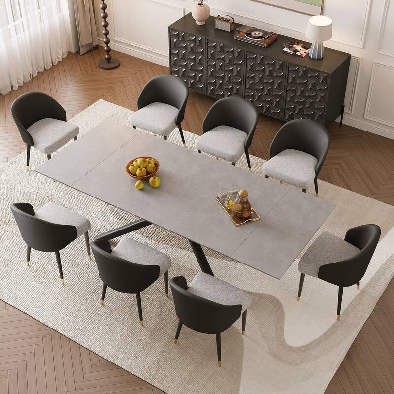9 - Piece Extendable Rectangular Sintered Stone Cross Legs Dining Set With 8 Chairs For Home or Villa - Black&Grey Chair