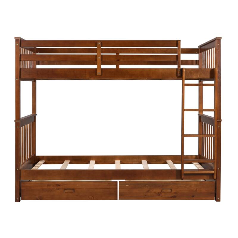 Twin-Over-Twin Bunk Bed with Ladders and Two Storage Drawers in Walnut Finish