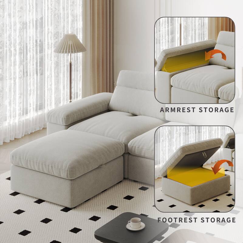 Down Filling Upholstered L-shaped Sectional Sofa with Storage Ottoman and Armrests, Chaise Modular Couch with Adjusted Backrest