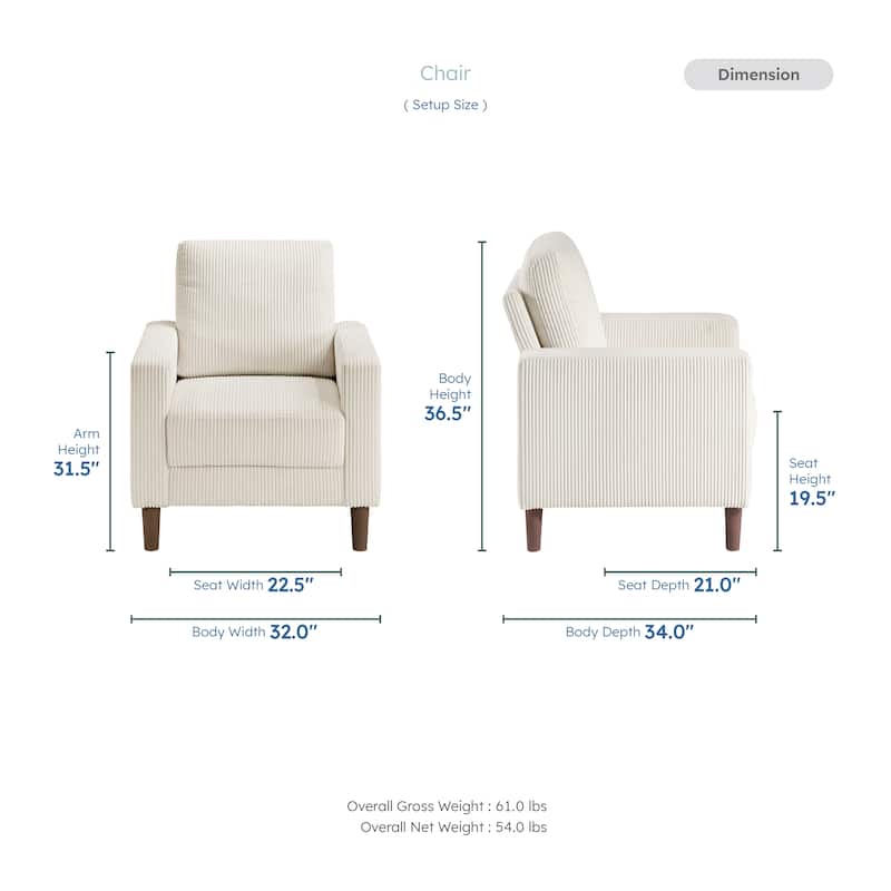 Caspian Corduroy 3-Piece Living Room Set - Wood Finish Exposed Feet