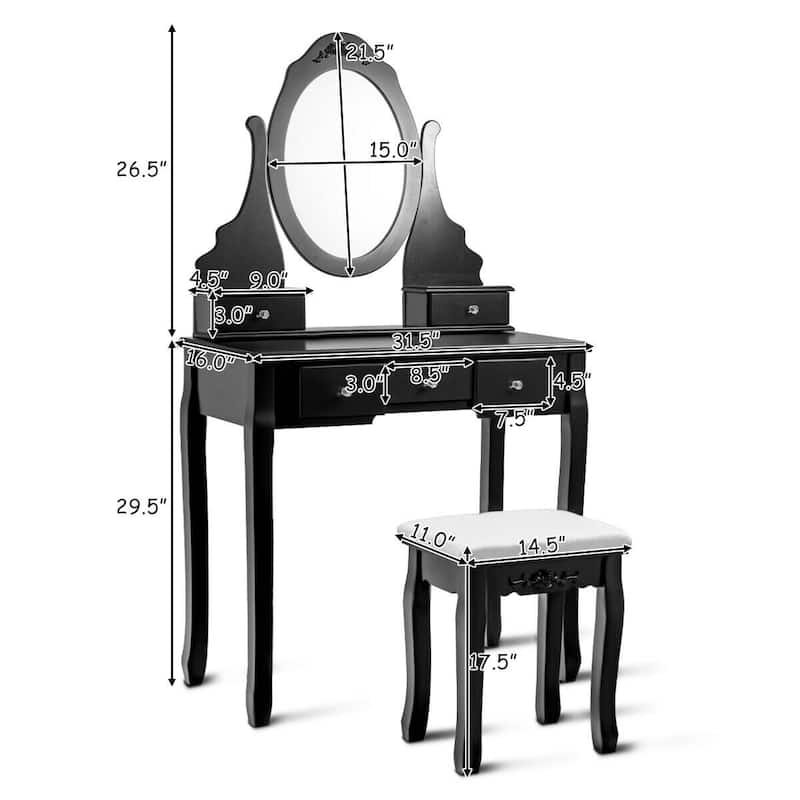 Gymax Vanity Jewelry Wooden Makeup Dressing Table Set W/Stool Mirror &
