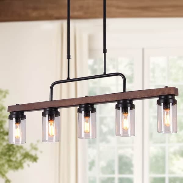 slide 2 of 10, Modern Farmhouse 5-Light Wood Linear Chandelier Cylinder Glass Pendant Lights for Dining Room - 38.5"L x 12"H