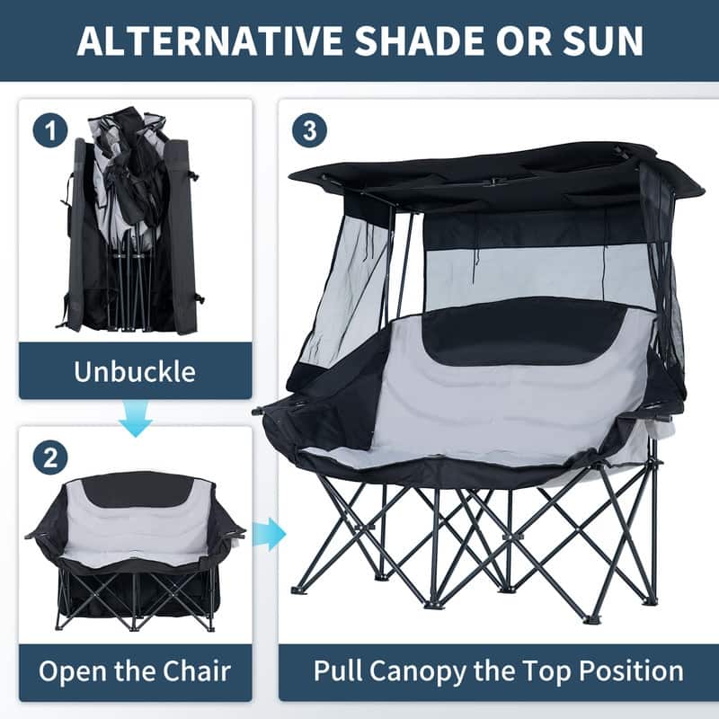 Double Beach Chair with Canopy Shade, Cup Holder and Side Pocket