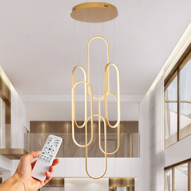 Modern Chandelier 6 Ring Adjustable Height Long Staircase LED Chandeliers Foyer Ceiling Light - 23.62in - gold