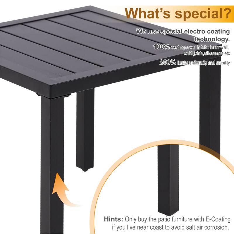 MAISON ARTS 3-Pcs Outdoor Dining Set,1 Steel Swivel Dining Chair with Cushion and 1 Black Small Metal Square Coffee Table