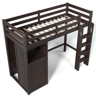 Twin Pinewood Loft Bed with Storage Shelves Wardrobe and Ladder