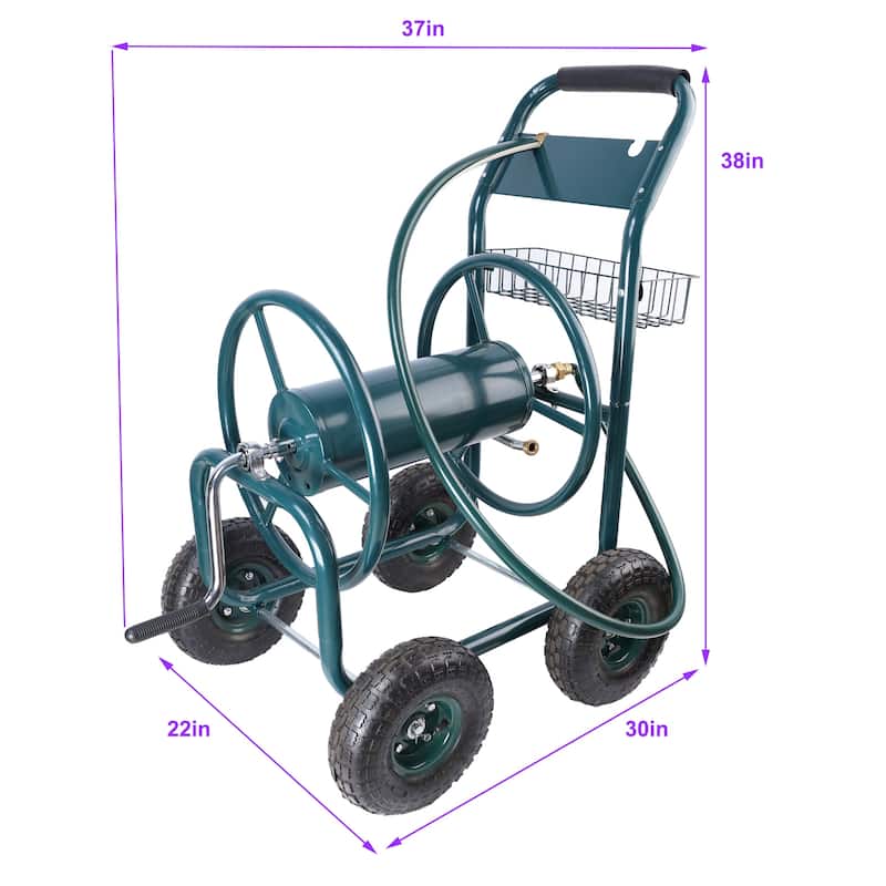 4 Wheels Portable Garden Water Hose Reel Cart with Storage Basket - 4 Wheels