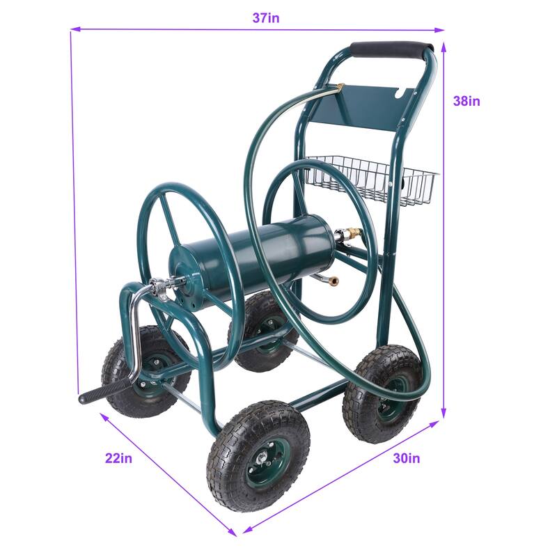 Portable Garden Hose Reel Cart with 4 Wheels, Foam-Padded Non-Slip Handle, Storage Basket - ABS+Rubber+Steel (Q235)