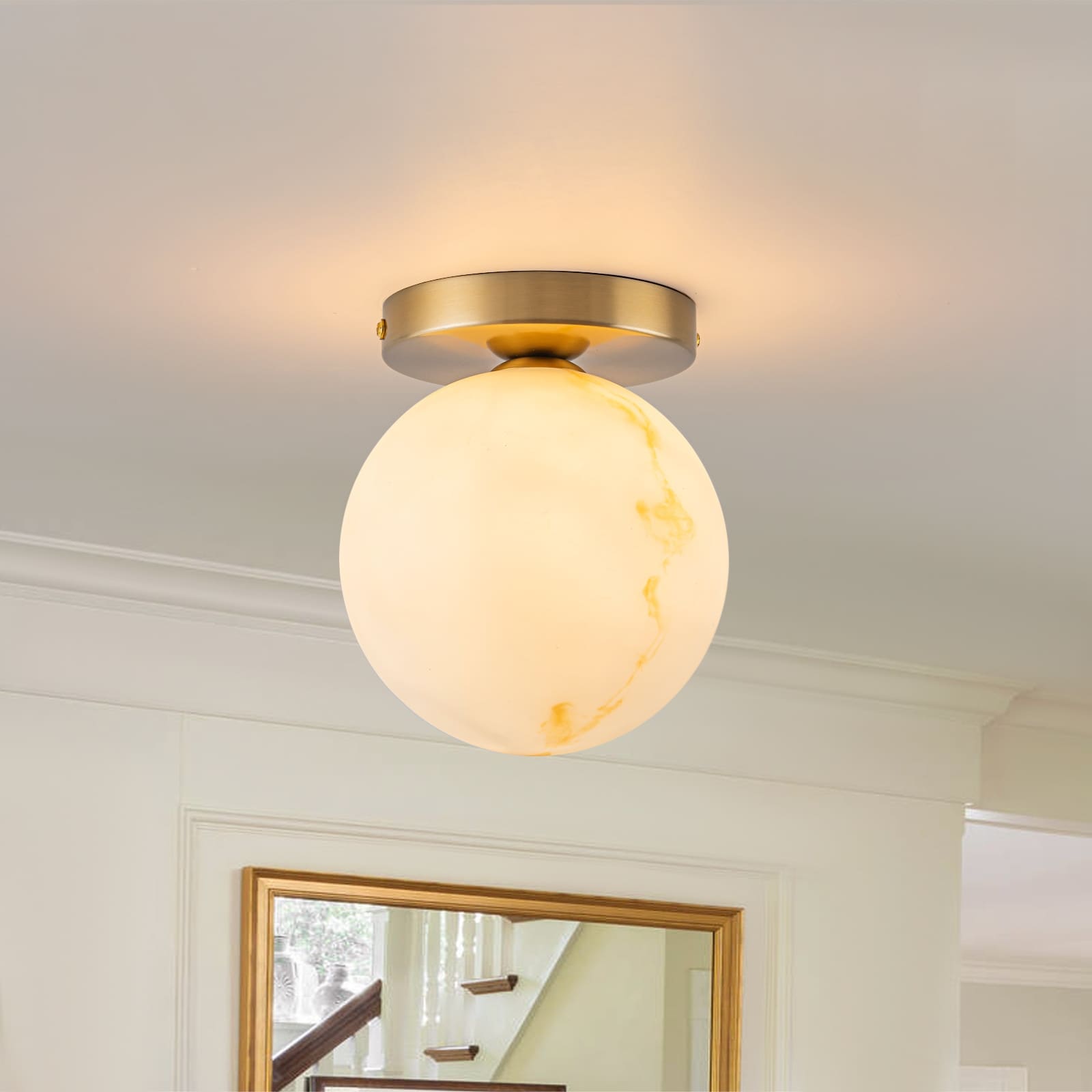 1-Light Opal Glass Flush Mount Ceiling Light - Brass - 5.9" W × 6.9" H