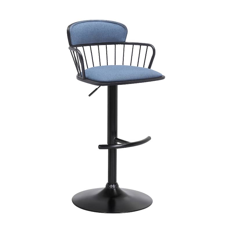 Adjustable Height Swivel Bar Stool with Faux Leather Seat Footrest and Metal Pedestal Base for Kitchen - 43”H x 19”W x 20”D - Blue-Black