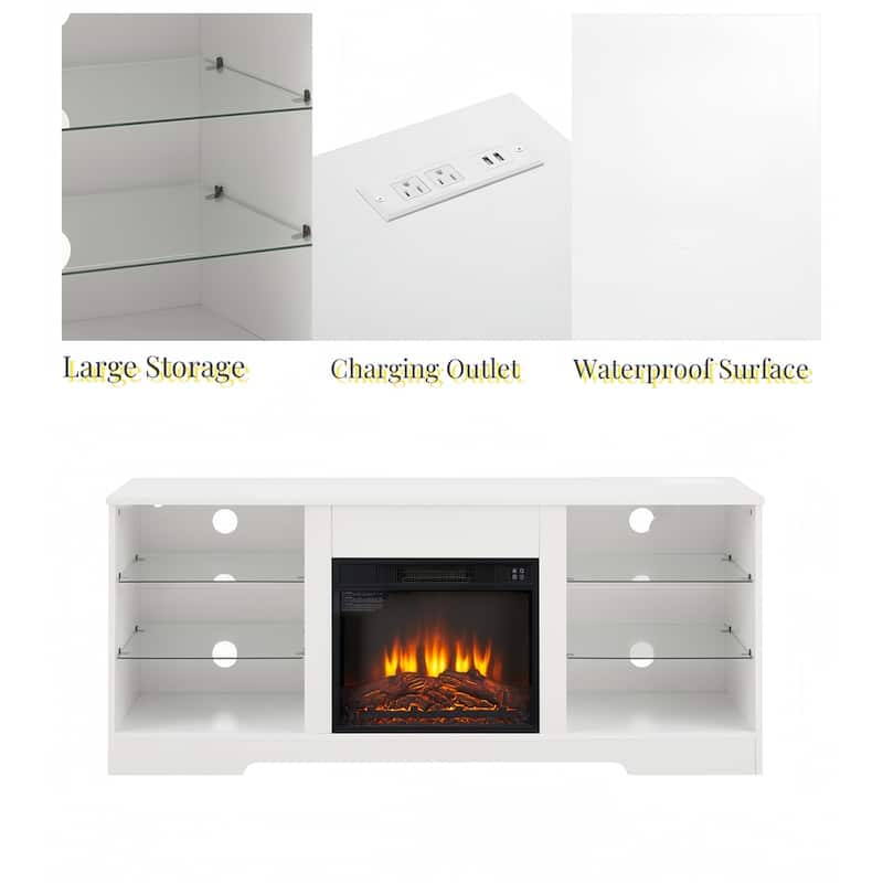TV Stand Electric 3D Fireplace TV Stand with Glass Shelves