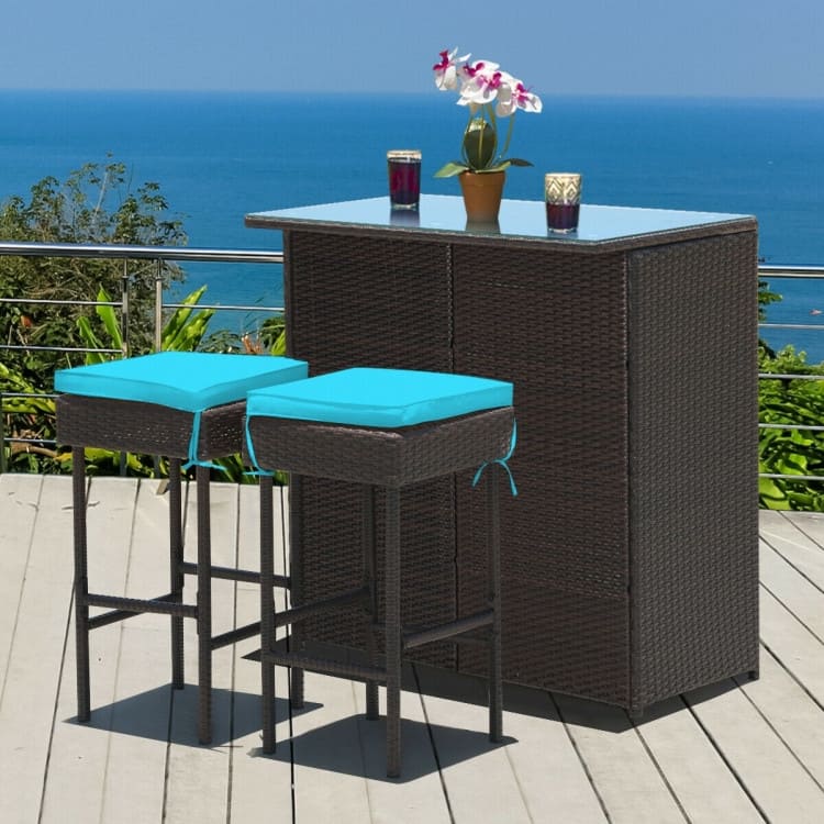 3-Piece Patio Rattan Wicker Bar Set with 2 Cushioned Stools for Outdoor Entertaining - 40" x 24" x 41.5" (L x W x H)