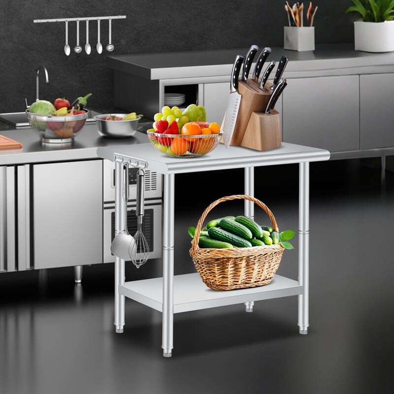 Double Layered Stainless Steel Work Table, Curved Edge Workbench with hooks