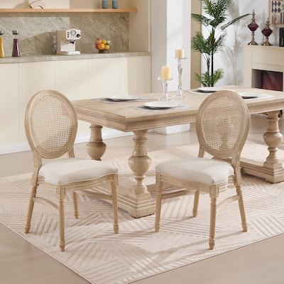 Set of 2 French Country Dining Chairs, Upholstered with Natural Rattan Round Back