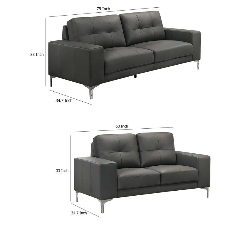 Moa 2pc Loveseat n Sofa Set, Chrome Legs, Anthracite Gray Full Leather
