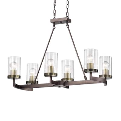 Bronze and Antique Gold 6-Light Linear Chandelier with Glass Shades - Bronze and Antique Gold