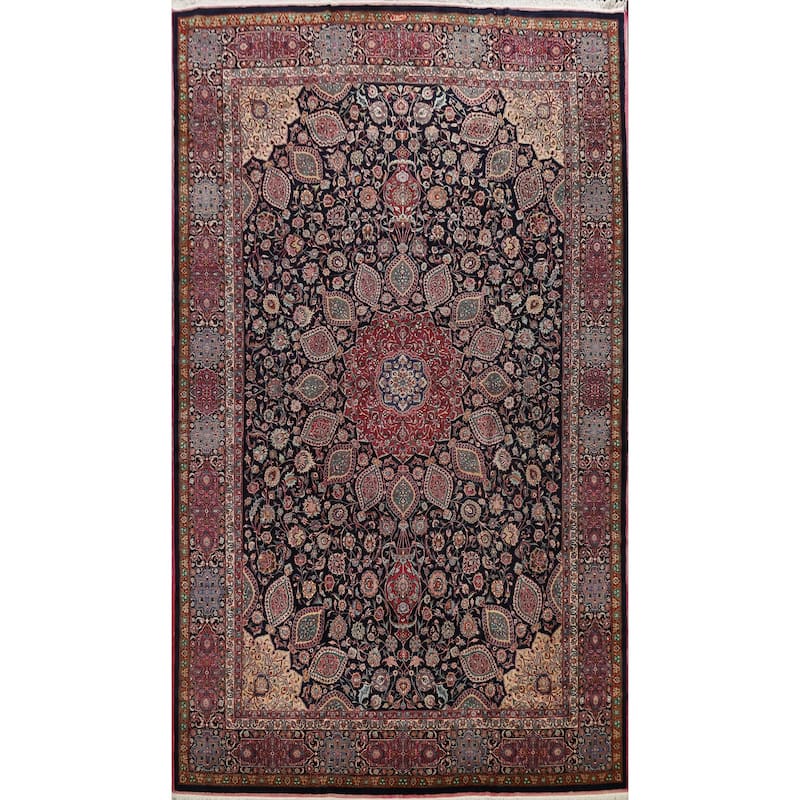 Hand Knotted Oriental 100% Wool Carpet Traditional Floral Navy Blue & Blues Mashad Area Rug - 15' 5'' X 11' 1''
