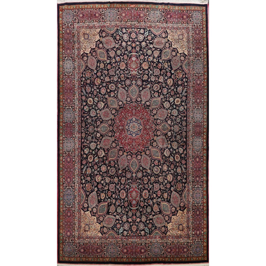 Hand Knotted Oriental 100% Wool Carpet Traditional Floral Navy Blue & Blues Mashad Area Rug - 15' 5'' X 11' 1''