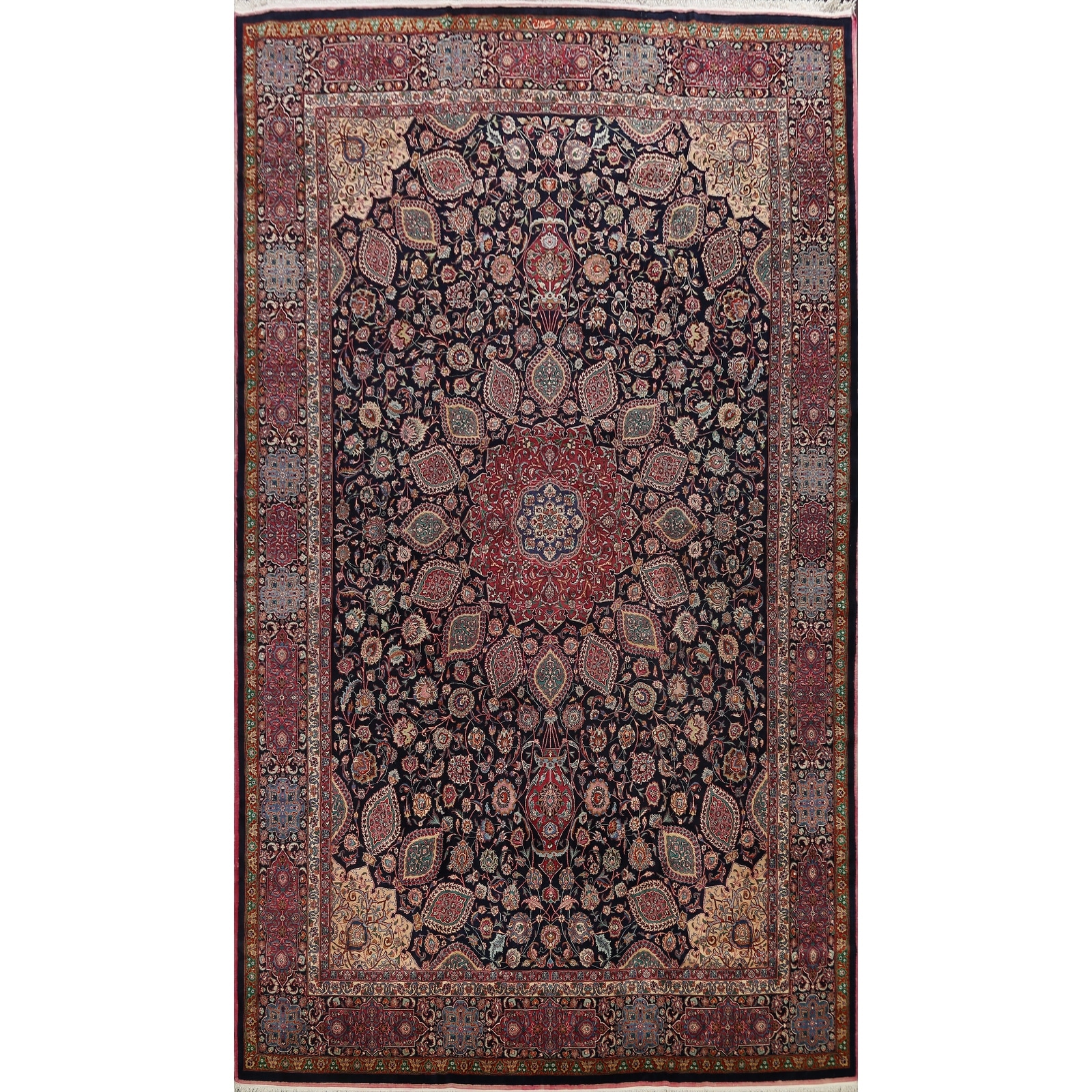 Hand Knotted Oriental 100% Wool Carpet Traditional Floral Navy Blue & Blues Mashad Area Rug - 15' 5'' X 11' 1''
