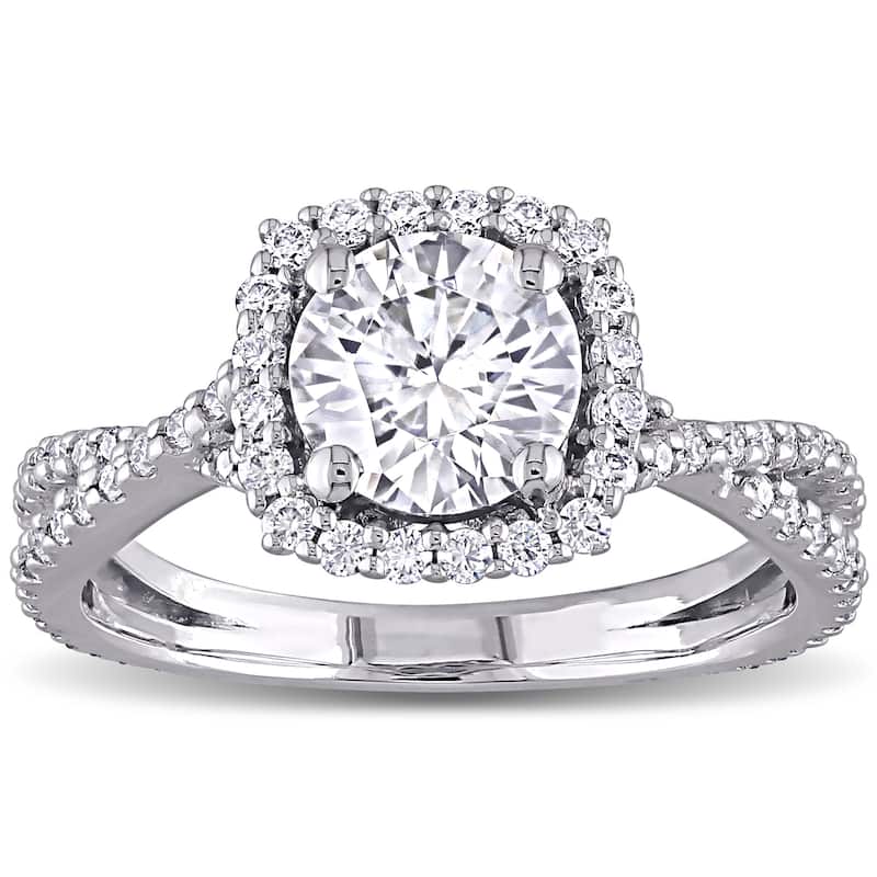 Miadora 1 1/2ct DEW Moissanite Halo Crossover Engagement Ring in 10k White Gold