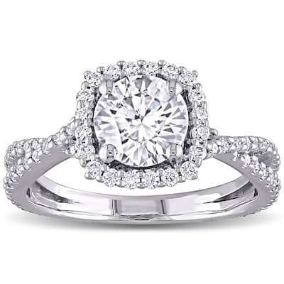 Miadora 1 1/2ct DEW Moissanite Halo Crossover Engagement Ring in 10k White Gold