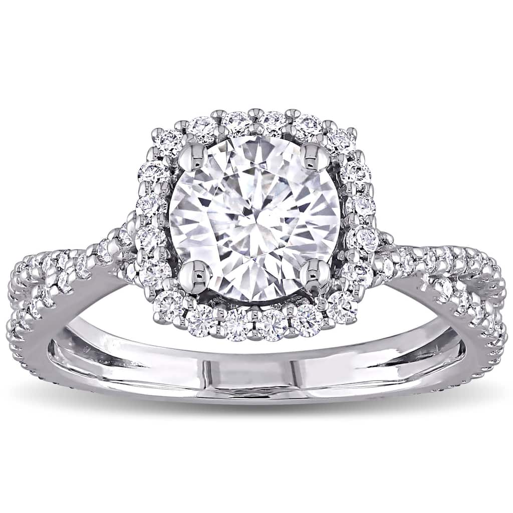 Miadora 1 1/2ct DEW Moissanite Halo Crossover Engagement Ring in 10k White Gold