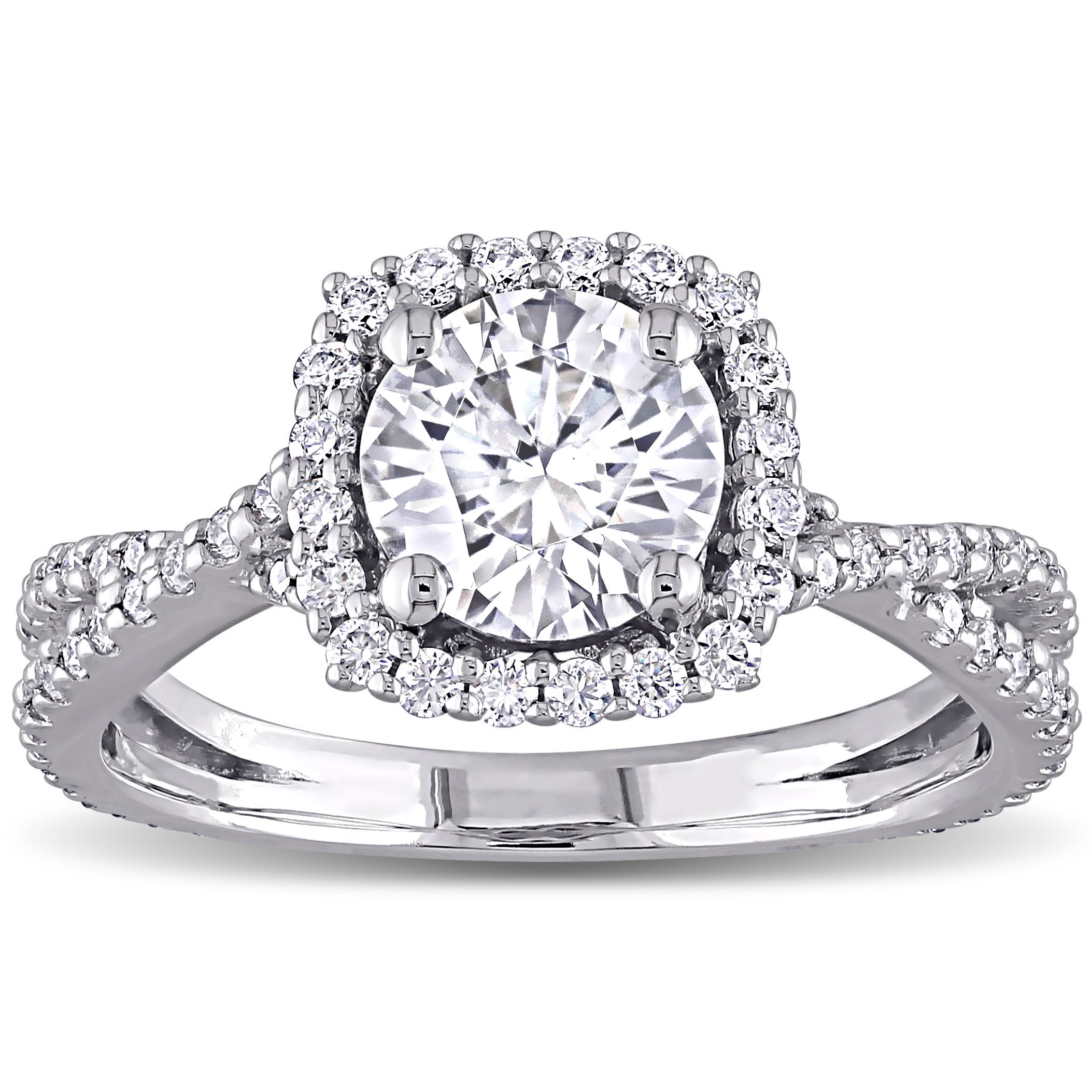 Miadora 1 1/2ct DEW Moissanite Halo Crossover Engagement Ring in 10k White Gold