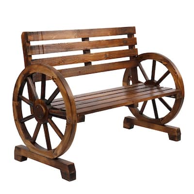 Outdoor Wooden Wagon Wheel Bench with Slatted Seat and Backrest
