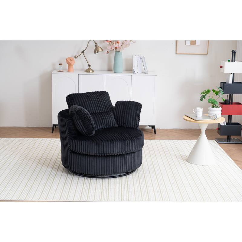 360 Degree Rotation Swivel Chair Corduroy Barrel Chair for Living Room with Pillows