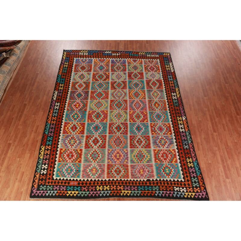 Multi-Color Kilim Oriental Area Rug Hand-Woven Geometric Wool Carpet - 10'1"x 13'1"
