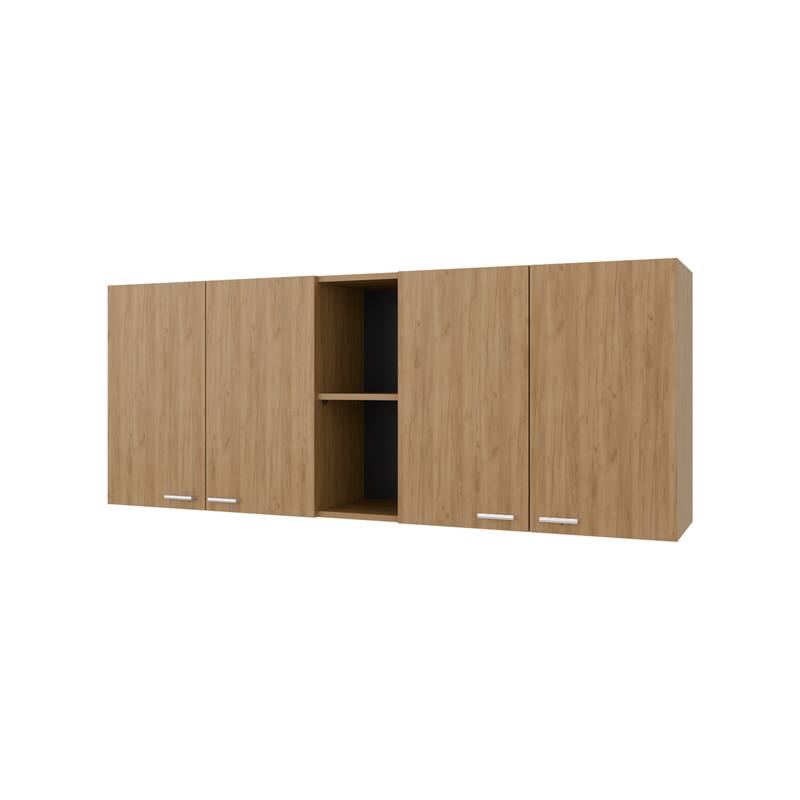 Luray Wall Cabinet kitchen in Melamine wit 4 Doors and Open Storage, Natural Oak - Light Oak