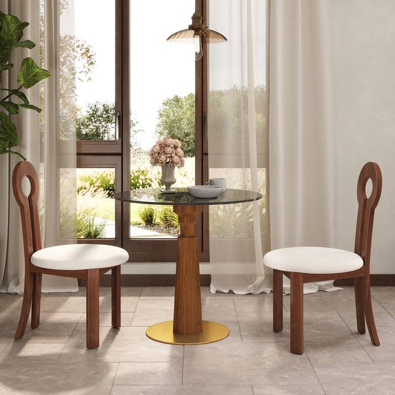 33" Retro Round Side Table, Glass & Sintered Stone Tabletop Dining Table with Solid Wood Pedestal