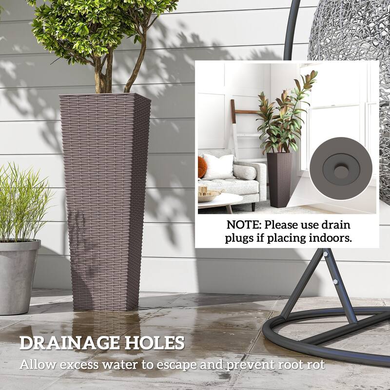 Outsunny 32 Inch Tall Planters for Outdoor Plants, Set of 2 Plastic Rattan-Like Flower Pots with Drainage Holes