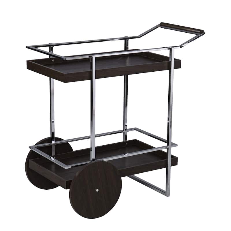 Mobile Rectangular Bar Cart with Brown Wood Surface and Sturdy Silver Iron Frame for Home Use - 35"H x 34.25"W x 19.5"D